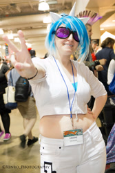 Size: 3168x4752 | Tagged: safe, artist:airbear101, artist:xen photography, dj pon-3, vinyl scratch, human, g4, anime boston, anime boston 2013, clothes, cosplay, costume, hand on hip, irl, irl human, peace sign, photo