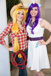 Size: 3264x4896 | Tagged: safe, artist:xen photography, applejack, rarity, human, g4, anime boston, anime boston 2014, clothes, cosplay, costume, cutie mark on clothes, hand on hip, irl, irl human, photo