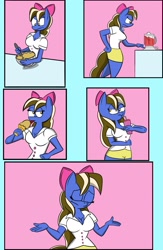 Size: 1233x1892 | Tagged: safe, artist:notanotherinflationartist, oc, oc only, oc:sundae shake, earth pony, anthro, comic:sundae shake surprise, :/, blender (object), bow, clothes, cooking, eating, eyes closed, female, food, ice cream, ice cream cone, milkshake, shrug, solo, taste test, this will end in weight gain, tongue out, weight gain sequence