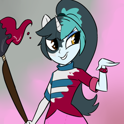 Size: 2000x2000 | Tagged: safe, alternate version, artist:professor-ponyarity, color edit, edit, editor:palette-the-painter, sonata dusk, oc, oc only, oc:palette painter, goo, human, pony, unicorn, equestria girls, g4, character to character, clothes, colored, female, gradient background, heterochromia, high res, horn, humanized, male, male to female, mid-transformation, paint, paintbrush, ponified, ponified oc, pony to human, ponytail, request, rule 63, shirt, simple background, smiling, solo, transformation, transgender transformation, unicorn oc