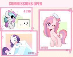 Size: 888x686 | Tagged: safe, artist:arwencuack, rarity, tom, oc, pony, unicorn, g4, advertisement, bust, commission, commission info, cute, full body, half body, hat, icon, paypal, white pupils
