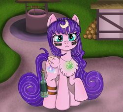 Size: 3827x3508 | Tagged: safe, artist:starsilk, oc, oc only, oc:star silk, pegasus, pony, art, bottle, chest fluff, forest, glowing, high res, letter, message in a bottle, pink fur, potion, practice, purple mane, serious, solo, war paint, well