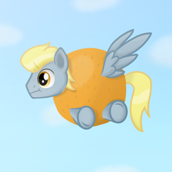 Size: 2000x2000 | Tagged: safe, artist:candy meow, oc, oc only, oc:cirrus stratos, pegasus, pony, legends of equestria, :t, cloud, digital art, flying, food, game, high res, inanimate tf, male, mane, npc, orange, orangified, sky, solo, spread wings, stallion, tail, transformation, video game, wings