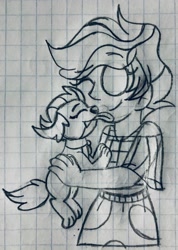 Size: 2300x3234 | Tagged: safe, artist:emmy-does-art, ocellus, smolder, dog, human, equestria girls, g4, collar, dogified, equestria girls-ified, eyes closed, graph paper, high res, holding a dog, licking, one eye closed, pet, sketch, smolder the dog, species swap, tongue out, traditional art