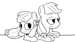 Size: 1280x720 | Tagged: safe, artist:dtcx97, apple bloom, applejack, earth pony, pony, g4, apple sisters, applejack is not amused, black and white, duo, female, filly, grayscale, lidded eyes, lying down, mare, monochrome, prone, siblings, simple background, sisters, unamused, white background