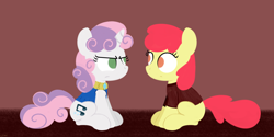 Size: 1280x640 | Tagged: safe, artist:dtcx97, apple bloom, sweetie belle, earth pony, pony, unicorn, fanfic:ponyville diaries, g4, alternate cutie mark, angry, clothes, duo, female, filly, jewelry, staring at each other