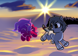 Size: 1341x967 | Tagged: safe, artist:neuro, oc, oc only, earth pony, original species, pony, windigo, yakutian horse, bow, cute, duo, eyes closed, female, filly, fluffy, frolicking, lens flare, ocbetes, open mouth, open smile, running, smiling, snow, snow mare, tail, tail bow, unshorn fetlocks