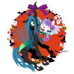Size: 1280x1280 | Tagged: safe, artist:efuji_d, princess flurry heart, queen chrysalis, alicorn, changeling, changeling queen, ghost, pony, undead, g4, auntie chrissy, baby, baby pony, blue blush, blush sticker, blushing, clothes, cookie, costume, crown, cute, duo, eyes closed, female, filly, flurrybetes, foal, food, halloween, halloween costume, hat, heart, holiday, horn, horn sock, jack-o-lantern, jewelry, open mouth, open smile, pumpkin, regalia, simple background, smiling, socks, wavy mouth, white background, witch hat