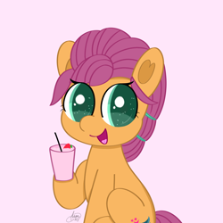 Size: 2160x2160 | Tagged: safe, artist:limitmj, sunny starscout, earth pony, pony, g5, my little pony: a new generation, cute, female, high res, mare, open mouth, pink background, simple background, smoothie, solo, sunnybetes