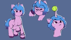 Size: 1280x720 | Tagged: safe, artist:connie_chickenn, izzy moonbow, g5, my little pony: a new generation, spoiler:my little pony: a new generation, alternate hairstyle, ball, bracelet, glasses, horn, hornball, isaac crestie, izzy's tennis ball, jewelry, rule 63, short hair, tennis ball