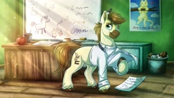 Size: 3840x2160 | Tagged: safe, artist:lupiarts, oc, oc only, oc:calpain, earth pony, pony, classroom, clothes, cloven hooves, commission, crepuscular rays, cutie mark, desk, earth pony oc, high res, male, poster, raised hoof, smiling, solo, teacher, unshorn fetlocks