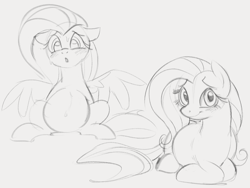 Size: 1124x845 | Tagged: safe, artist:dotkwa, fluttershy, pegasus, pony, :o, belly, belly button, big belly, blushing, cute, female, floppy ears, grayscale, looking at you, lying down, mare, monochrome, open mouth, outie belly button, preggoshy, pregnant, prone, shyabetes, simple background, sitting, sketch, smiling, solo, spread wings, sweat, white background, wings