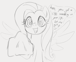 Size: 823x665 | Tagged: safe, artist:dotkwa, fluttershy, pegasus, pony, g4, cute, dialogue, female, fluttermom, grayscale, handkerchief, looking at you, mare, monochrome, open mouth, open smile, shyabetes, simple background, sketch, smiling, solo, spread wings, talking to viewer, white background, wings