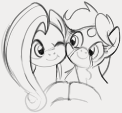 Size: 2445x2259 | Tagged: safe, artist:dotkwa, oc, oc:dotmare, earth pony, pegasus, pony, bust, canon x oc, cheek squish, female, grayscale, high res, hooves together, lesbian, mare, monochrome, one eye closed, shipping, simple background, sketch, smiling, squishy cheeks, white background