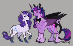 Size: 1280x816 | Tagged: safe, artist:dylandonnie, rarity, twilight sparkle, alicorn, classical unicorn, pony, unicorn, vampire, g4, blaze (coat marking), bowtie, chest fluff, cloven hooves, coat markings, colored hooves, colored horn, colored wings, curved horn, cutie mark, duo, ear piercing, ear tufts, earring, eyeshadow, facial markings, fangs, female, gray background, horn, jewelry, leonine tail, lesbian, makeup, piercing, ponytail, redesign, scar, ship:rarilight, shipping, simple background, smiling, socks (coat markings), twilight sparkle (alicorn), unshorn fetlocks, wings