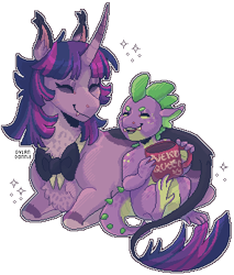 Size: 296x348 | Tagged: safe, artist:dylandonnie, spike, twilight sparkle, classical unicorn, dragon, pony, unicorn, vampire, g4, blaze (coat marking), bowtie, cloven hooves, coat markings, coffee mug, colored ear, curved horn, duo, ear tufts, eyes closed, facial markings, fangs, horn, leaning on someone, leonine tail, lying down, mug, redesign, simple background, sitting, smiling, sparkles, tail spines, transparent background, unshorn fetlocks