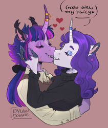 Size: 800x949 | Tagged: safe, artist:dylandonnie, rarity, twilight sparkle, unicorn, vampire, anthro, g4, bow, clothes, colored ears, curved horn, duo, ear piercing, ear tufts, earring, fangs, female, hair bow, heart, horn, horn ring, jewelry, kissing, lesbian, nail polish, piercing, ring, scar, ship:rarilight, shipping, shirt, simple background, smiling, speech bubble, sweater, turtleneck, vest