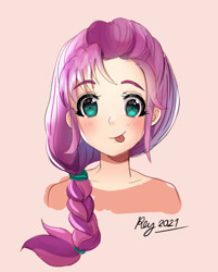 Size: 1024x1274 | Tagged: safe, artist:love2eategg, sunny starscout, human, g5, my little pony: a new generation, anime, blushing, bust, cute, doodle, female, humanized, pink background, simple background, solo, sunnybetes, tongue out