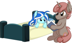 Size: 9417x5709 | Tagged: safe, artist:cyanlightning, oc, oc:auburn flare, oc:ocean swell, pony, unicorn, .svg available, absurd resolution, bed, book, female, filly, lying, reading, siblings, simple background, teenager, transparent background, vector, younger