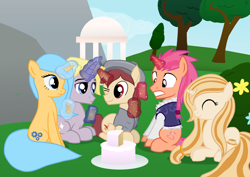 Size: 2970x2100 | Tagged: safe, artist:candy meow, oc, oc only, oc:astral charm, oc:flan, oc:scribble, oc:silver hoof, oc:vogue sharp, pony, unicorn, legends of equestria, bush, cake, cantermore, clothes, digital art, eyes closed, female, flower, food, game, gazebo, glowing, glowing horn, grass, gritted teeth, group, hairband, hat, high res, horn, levitation, lying down, lying in grass, magic, male, mane, mare, mountain, npc, one eye closed, picnic, shadow, show accurate, sitting, sky, smiling, stallion, tail, telekinesis, tree, two toned mane, two toned tail, unicorn oc, vest, video game, wink