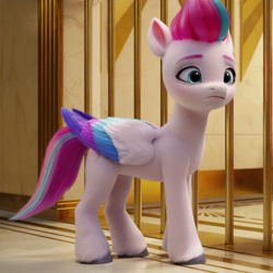 Size: 804x804 | Tagged: safe, screencap, zipp storm, pegasus, pony, g5, my little pony: a new generation, spoiler:my little pony: a new generation, colored wings, concave belly, cropped, female, folded wings, frown, mare, multicolored wings, slender, solo, thin, wings