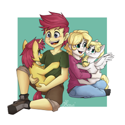 Size: 2500x2500 | Tagged: safe, artist:lionbun, oc, oc:clover, oc:golden horseshoe, human, pegasus, pony, unicorn, equestria girls, g4, clothes, commission, cute, equestria girls-ified, high res, holding a pony, human ponidox, jeans, pants, parent:fluttershy, self ponidox, shirt, shorts, siblings, socks, stocking feet, sweater, t-shirt