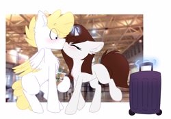 Size: 2807x1957 | Tagged: safe, artist:lbrcloud, oc, oc only, oc:brittneigh ackermane, oc:john kenza, pegasus, pony, unicorn, blushing, eyes closed, female, kissing, luggage, male, spread wings, straight, surprised, wide eyes, wings