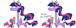 Size: 1583x592 | Tagged: safe, artist:php163, artist:sunnystarscouts, sunny starscout, twilight sparkle, alicorn, earth pony, pony, g5, blushing, chest fluff, coat markings, colored hooves, comic, dialogue, long neck, size difference, socks (coat markings), spread wings, twilight sparkle (alicorn), wings