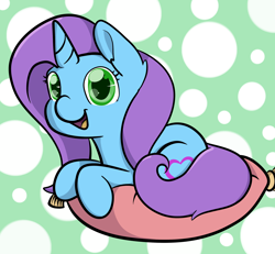 Size: 2560x2368 | Tagged: safe, artist:zombietator, oc, oc only, pony, unicorn, eyelashes, high res, horn, lying down, pillow, polka dot background, prone, smiling, solo, unicorn oc