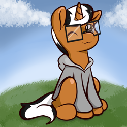 Size: 3000x3000 | Tagged: safe, artist:zombietator, oc, oc only, pony, unicorn, clothes, glasses, high res, hoodie, horn, male, one eye closed, outdoors, smiling, solo, stallion, unicorn oc, wink