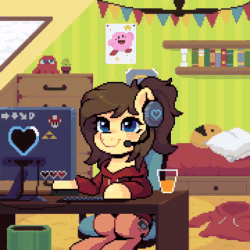 Size: 720x720 | Tagged: safe, artist:hikkage, oc, oc only, oc:retro hearts, pegasus, pony, animated, bed, book, bookshelf, ceiling fan, chair, clothes, computer, computer mouse, cup, desk, fan, female, headset, hoodie, keyboard, mare, monitor, nintendo, no sound, pillow, pixel art, ponytail, sitting, smiling, solo, webm