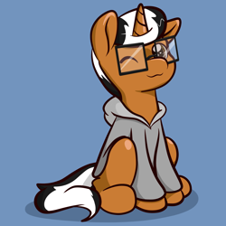 Size: 3000x3000 | Tagged: safe, artist:zombietator, oc, oc only, pony, unicorn, background removed, blue background, clothes, glasses, high res, hoodie, male, one eye closed, simple background, smiling, solo, stallion, wink