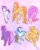 Size: 1646x2048 | Tagged: safe, artist:wizardstrawberries, applejack, fluttershy, pinkie pie, rainbow dash, rarity, twilight sparkle, earth pony, pegasus, pony, unicorn, g4, abstract background, alternate cutie mark, alternate hairstyle, bow, cloven hooves, coat markings, concave belly, female, jewelry, long legs, mane six, mare, necklace, pinto, redesign, tallershy, unicorn twilight