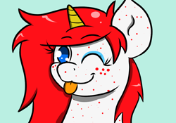 Size: 1100x768 | Tagged: safe, artist:tranzmuteproductions, oc, oc only, oc:red note, pony, unicorn, :p, blue background, female, freckles, horn, makeup, mare, one eye closed, simple background, solo, tongue out, unicorn oc, wink