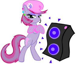 Size: 2658x2256 | Tagged: safe, artist:telasra, oc, oc only, earth pony, pony, bedroom eyes, bipedal, crossed arms, ear piercing, earth pony oc, eyelashes, female, fishnet stockings, hat, headworn microphone, high res, mare, piercing, simple background, solo, speaker, transparent background