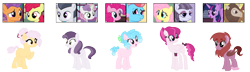 Size: 2425x694 | Tagged: safe, artist:tragedy-kaz, apple bloom, cup cake, fluttershy, inky rose, pinkie pie, rumble, sweetie belle, tender taps, oc, alicorn, pony, g4, base used, magical lesbian spawn, offspring, parent:apple bloom, parent:fluttershy, parent:inky rose, parent:pinkie pie, parent:rumble, parent:sweetie belle, parent:tender taps, parent:twilight sparkle, parents:rumbelle, parents:tenderbloom, screencap reference