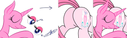 Size: 1917x579 | Tagged: safe, artist:muhammad yunus, oc, oc:annisa trihapsari, earth pony, pony, unicorn, annibutt, bald, base, butt, butt touch, butthug, duo, duo female, eyes closed, eyes open, female, hug, plot, simple background, smiling, transparent background