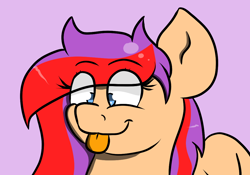 Size: 1100x768 | Tagged: safe, artist:tranzmuteproductions, oc, oc only, pegasus, pony, :p, bust, eye clipping through hair, female, mare, pegasus oc, purple background, simple background, smiling, solo, tongue out, wings