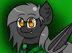 Size: 1000x729 | Tagged: safe, artist:tranzmuteproductions, oc, oc only, oc:tranzmute, bat pony, pony, bat pony oc, bat wings, bust, clothes, ear fluff, eye clipping through hair, gradient background, necktie, smiling, solo, suit, wings