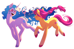 Size: 1600x1069 | Tagged: safe, artist:glitteronin, izzy moonbow, sunny starscout, earth pony, pony, unicorn, g5, my little pony: a new generation, spoiler:my little pony: a new generation, female, lesbian, mare, open mouth, open smile, running, ship:moonscout, shipping, simple background, smiling, starry eyes, transparent background, wingding eyes