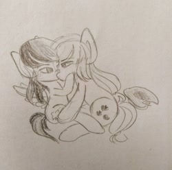 Size: 640x636 | Tagged: safe, artist:snowzaaah, applejack, rainbow dash, earth pony, pegasus, pony, g4, appledashdailydoodles, doodle, female, lesbian, monochrome, pencil drawing, ship:appledash, shipping, sketch, traditional art