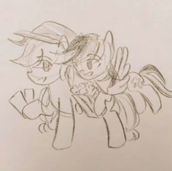 Size: 640x637 | Tagged: safe, artist:snowzaaah, applejack, rainbow dash, earth pony, pegasus, pony, g4, appledashdailydoodles, doodle, female, lesbian, monochrome, pencil drawing, ship:appledash, shipping, sketch, traditional art