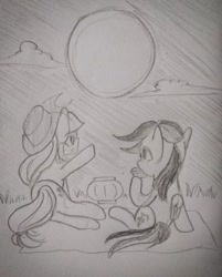 Size: 640x797 | Tagged: safe, artist:snowzaaah, applejack, rainbow dash, earth pony, pegasus, pony, g4, appledashdailydoodles, doodle, female, lesbian, monochrome, pencil drawing, ship:appledash, shipping, sketch, traditional art