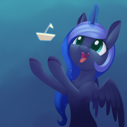 Size: 1196x1194 | Tagged: safe, artist:dusthiel, princess luna, alicorn, pony, g4, glowing, glowing horn, horn, open mouth, paper, ponytober, ship