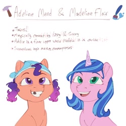 Size: 1000x1000 | Tagged: safe, artist:mythicalartist_, oc, oc only, oc:adeline mend, oc:madeline flair, earth pony, pony, unicorn, g5, my little pony: a new generation, spoiler:my little pony: a new generation, cap, earth pony oc, eyes closed, gritted teeth, hat, horn, magical lesbian spawn, mama sunny, offspring, open mouth, parent:izzy moonbow, parent:sunny starscout, parents:moonscout, siblings, simple background, twins, unicorn oc, white background
