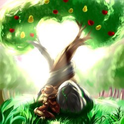 Size: 2000x2000 | Tagged: safe, artist:ktk's sky, applejack, earth pony, pony, g4, the perfect pear, apple, apple tree, cowboy hat, female, food, grass, hat, high res, intertwined trees, mare, pear, pear tree, rock, solo, stone, sunshine, tree