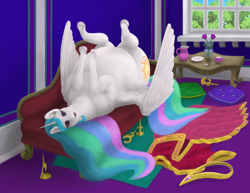 Size: 1400x1081 | Tagged: safe, artist:soobel, discord, princess celestia, alicorn, draconequus, pony, g4, cake, cakelestia, chubbylestia, eye reflection, fat, female, food, huge belly, looking at you, majestic as fuck, male, mare, not salmon, obese, on back, open mouth, reflection, thick, wat