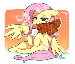 Size: 1806x1546 | Tagged: safe, artist:fuyugi, fluttershy, pegasus, pony, abstract background, blushing, chocolate, clothes, cozy, cute, female, floppy ears, food, holding, hot chocolate, lidded eyes, mare, mug, out of frame, scarf, shyabetes, solo
