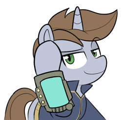 Size: 618x610 | Tagged: safe, artist:icey, oc, oc only, oc:littlepip, pony, unicorn, fallout equestria, clothes, eyes open, female, green eyes, horn, jumpsuit, lidded eyes, looking at you, mare, meme, pipbuck, raised eyebrow, raised hoof, simple background, smiling, smiling at you, solo, tail, transparent background, unicorn oc, vault suit