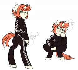 Size: 1280x1157 | Tagged: safe, artist:xwosya, oc, oc only, oc:flicker beat, unicorn, semi-anthro, adidas, arm hooves, bored, cigarette, freckles, gopnik, ponified human photo, simple background, smoking, squatting, standing, tracksuit, white background